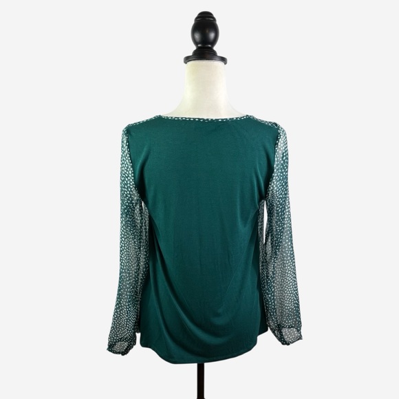 Boden Aubrey Jersey Knit Top Womens US 6 Chiffon Overlay Polka Dot Blouse Green - Picture 4 of 12